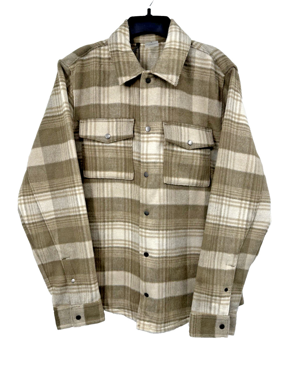 VRST Wool Blend Flannel Plaid Shirt Jacket Enlighten Stone Tan Small Shacket